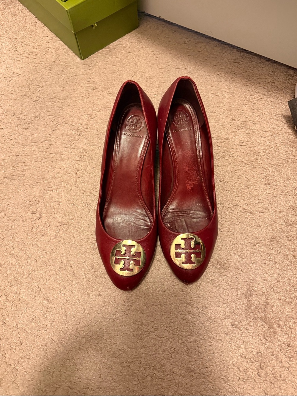 Tory Burch Burgundy Leather Logo Cap-Toe Pumps